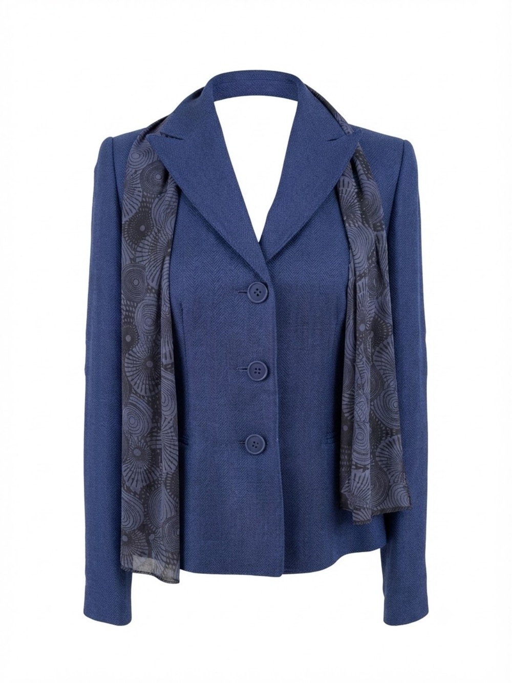 Le Suit Navy Blue Tailored Button Blazer with Patterned Scarf